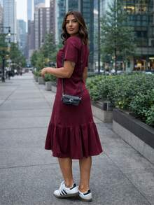 Women's Midi Dresses With Short Sleeves And Ruffles, Elegant, Chic, Casual, Premium Cotton - Gỗ đỏ - Xem 2