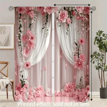 2片粉色玫瑰印花窗帘，家用纺织品窗帘装饰 - 防褪色，可机洗涤纶面料，带杆袋设计，适用于卧室、客厅、教室（不含窗帘杆） - 彩色 - 查看 4