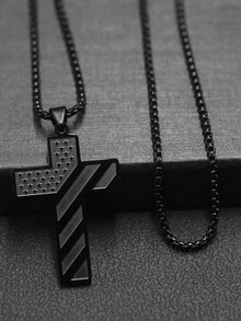 1pc Men's Stainless Steel Cross & Bible Verse American Style Pendant Necklace - Black Cross - View 5