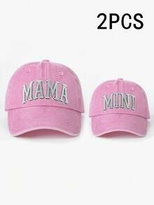 2顶绣有“MAMA + MINI”字样的亲子款水洗棒球帽，可调节户外遮阳帽，男女童均适用，适合春季、秋季、旅行、海滩等场合。 - 刺繡 - 查看 20