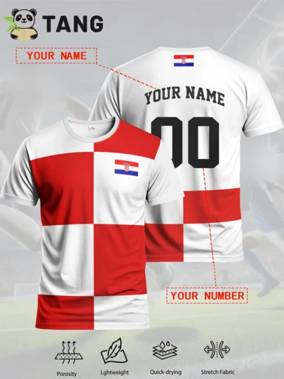 Anpassad fotbollströja i kroatisk stil för män, personlig med namn och nummer, bekväm sporttröja med rund hals, lämplig för fotbollsträning, fritidskläder och presenter