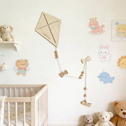 木制风筝墙饰，适合婴儿房，“你好”字样悬挂式墙饰，饰有珠子和蝴蝶结，天然木质波西米亚风格，适合男婴女婴卧室和游戏室。