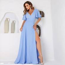 Serenity Blue V-Neck Long Party Dress With Flowing Sleeves And Slit - NM Nana Marie Formal Wedding Dress - Màu xanh nhạt - Xem 1