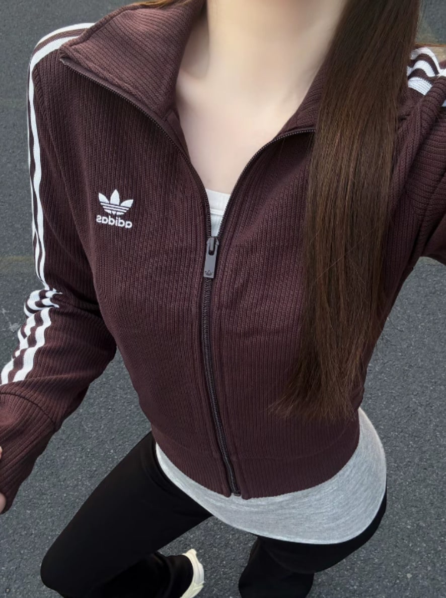 Adidas Originals ADICOLOR Top KNIT Striped Retro Stand Collar Zipper Long Sleeve Jacket For Women, Dark Grey/Brown - Dark Gray Brown - View 1