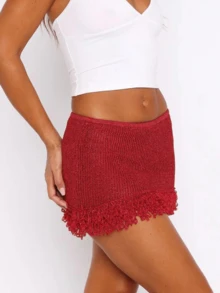 Women's Y2K Crochet Knit Mini Skirt Low Waist Frayed Hem Fringe Bodycon Summer Going Out Cover Up Short Skirt - 紅色 - 查看 4