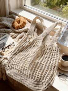 Lightweight Casual Women's Minimalist Large Capacity Hollow Knitted Tote Bag, Crochet Woven Bag, Beach Bag, Travel Essential, Extra Large Capacity Handbag, White Shoulder Bag, Women's Bag, Large Capacity Tote, Travel Backpack, Travel Essential, Suitable For Spring Outfits, Valentine's Day/Mother's Day Gift - Beige - View 2