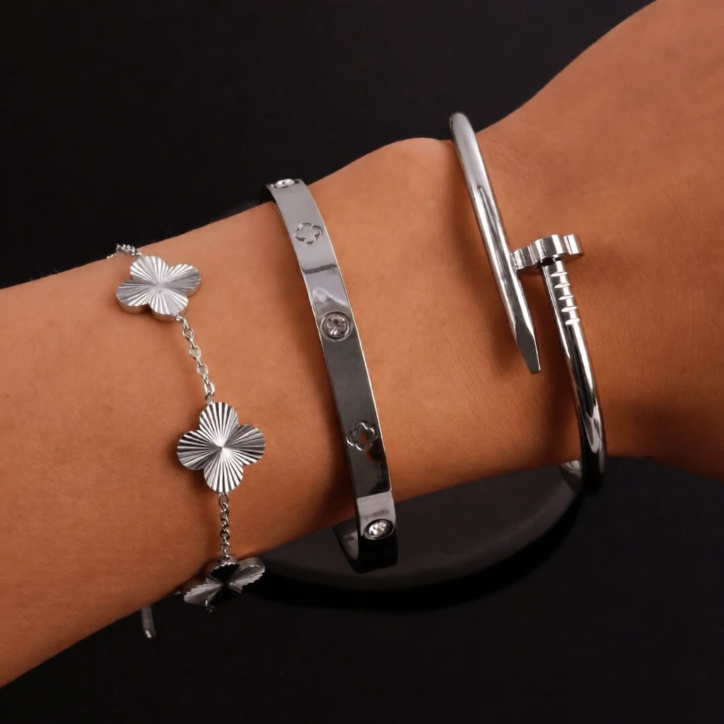 3pcs/Set Titanium Steel Four-Leaf Clover Bracelet + Rhinestone Bracelet + Nail Bracelet, Luxury Layered Wear Set - Silver - View 1