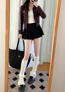 Adidas Originals ADICOLOR Top KNIT Striped Retro Stand Collar Zipper Long Sleeve Jacket For Women, Dark Grey/Brown - Dark Gray Brown - View 3