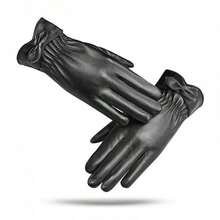 1 Pair Women's Autumn Winter Faux Leather Touch Screen Gloves Fleece Lined Warm Windproof For Cycling Commute - Black - View 11