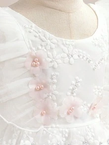 Young Girls Beaded Embroidered Mesh Cap Sleeve Elegant Flower Girl Wedding Princess Dress, Suitable For Birthday, Prom, Vacation, Party, Does Not Include Headband - White - View 6