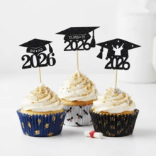 12个2025毕业主题纸杯蛋糕装饰插牌，闪光2025毕业帽纸杯蛋糕插签，2025毕业主题派对蛋糕装饰 - 彩色 - 查看 2