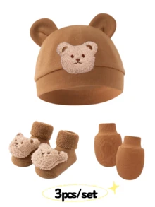 3pcs Baby Bear Ear Hat, Scratch Mittens & Booties Set, Infant Beanie Cap Suitable For 0-6 Months Babies - 3pcs/set - View 8