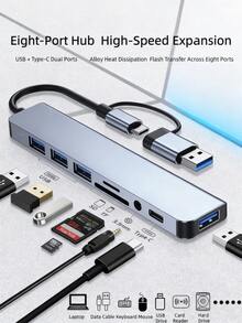 8-In-1 Type-C Hub, Multifunctional Card Reader, Laptop Computer Expansion Dock, USB Splitter - Silver - View 1