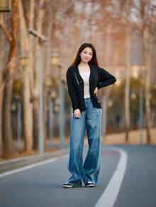 adidas originals Loose AW24 經典運動系列 條紋舒適親膚寬褲 女款 牛仔藍 - 牛仔藍 - 查看 7