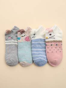 4 Pairs Women's Cartoon Cat Ear Plush Shallow Mouth Boat Socks, Spring/Summer - Multicolor - View 3