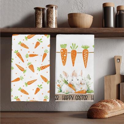 2条复活节可爱兔子胡萝卜图案厨房毛巾，柔软涤纶材质，适用于厨房装饰、清洁、节日派对装饰、厨房和浴室用品、家居装饰、乔迁礼物