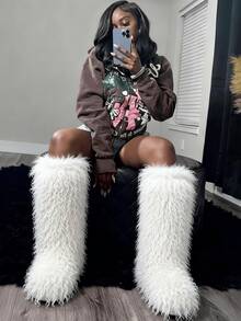 Women's Winter Knee High Boots Pull-On Faux Fur Round Toe Strap Boots For Women Comfy Plush Warm Outdoor Indoor Flat Shoes Punk Party Dressy Furry Fluffy Winter Autumn Fall Boots - 米色 - 查看 3