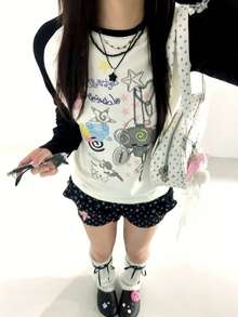 Y2K Aesthetic Graffiti Print Raglan Sleeve T-Shirt, Casual Loose Fit Women Long Sleeve T-Shirt With Cute Star And Heart Pattern - White - View 2