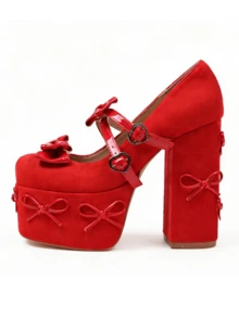 Women's Mary Janes Shoes Close Toe Bowknot Cute Buckle Strap Chunky Heeled Platform Bows Pumps Goth Y2K Shoe For Dressing Party Wearing - Đỏ - Xem 6