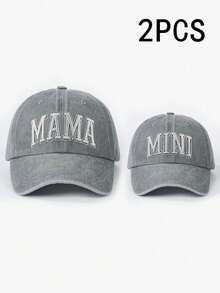 2顶绣有“MAMA + MINI”字样的亲子款水洗棒球帽，可调节户外遮阳帽，男女童均适用，适合春季、秋季、旅行、海滩等场合。 - 刺繡 - 查看 4