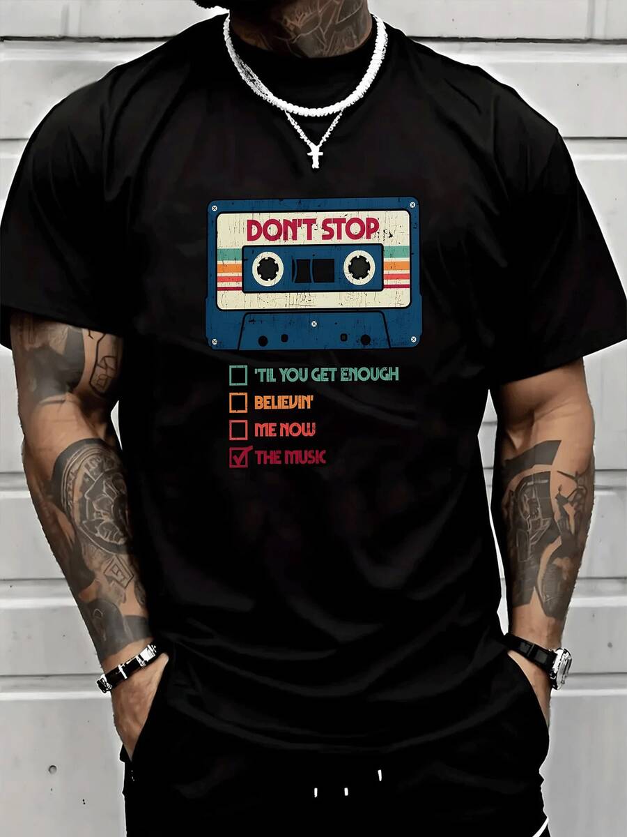 Retro Cassette Tape Graphic Men's Pattern Print Pure Cotton TShirt,Vintage Music Lover Style Tee,Soft & Breathable Fabric,Everyday Casual Wear,Perfect Gift For Him - 黑色 - 查看 1
