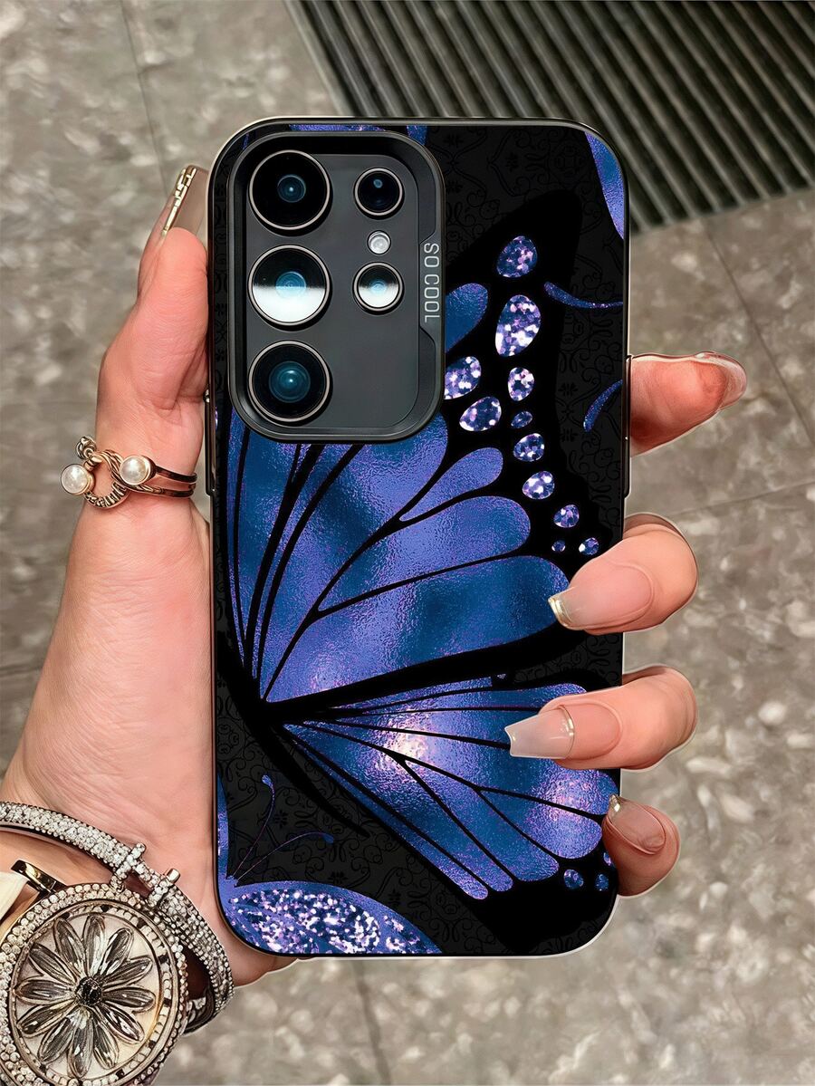 1pc Luxury Elegant Ombre Blue-Purple Glitter Rhinestone Butterfly Pattern Matte Soft Anti-Slip Anti-Drop IMD Phone Case, Compatible With Samsung Phones - Multicolor - View 1
