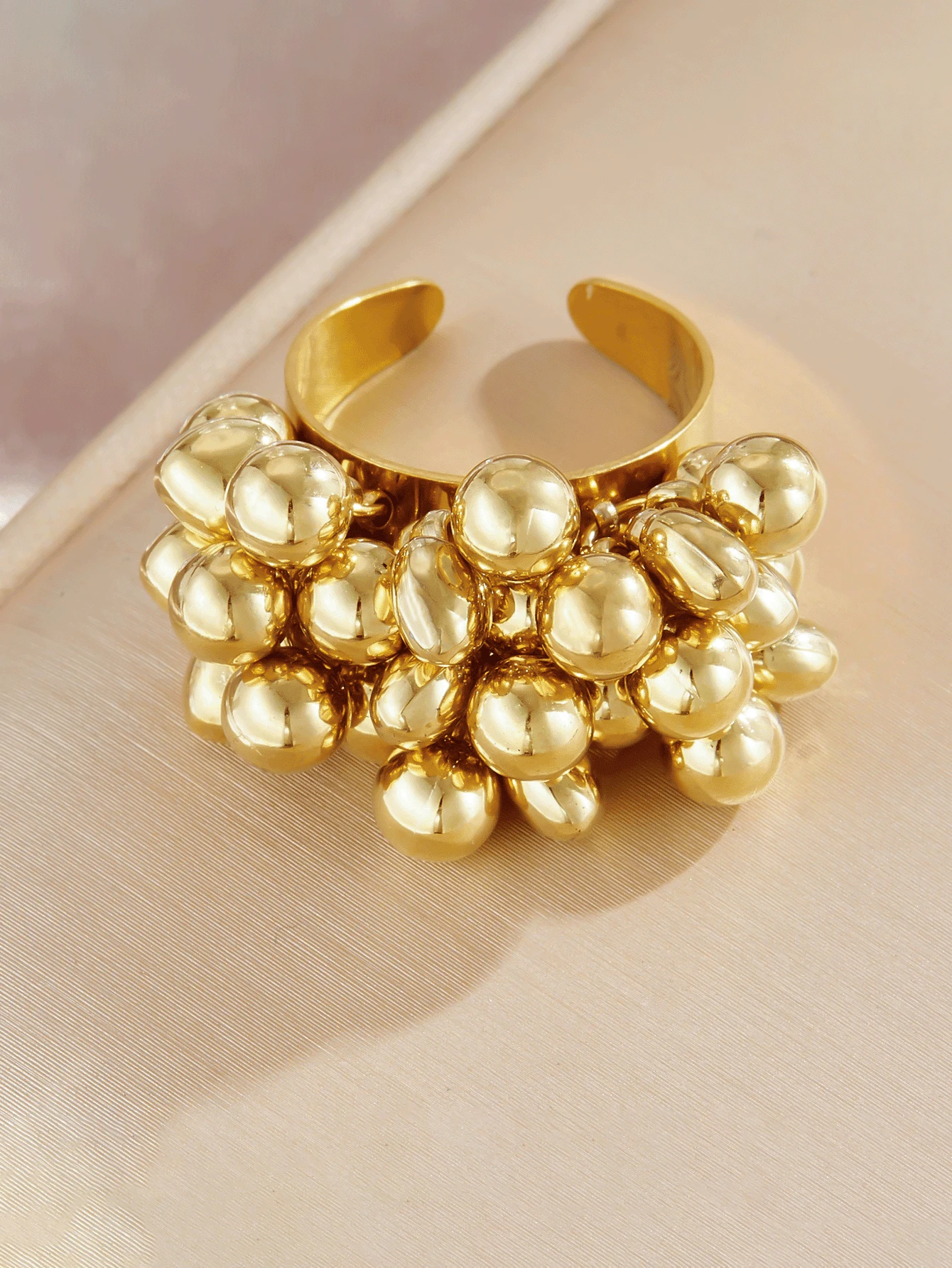 Nhẫn điều chỉnh được bằng thép không gỉ kiểu retro, có tua rua hình cầu, thiết kế mở và có thể xoay, trang sức phong cách punk dành cho nữ. - Tua rua đính hạt - Xem 1