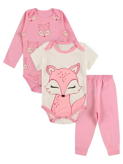 Conjunto Bebê Menina 3 Peças Suedine Algodão 2 Bodys e Calça Rosa Tema Raposa Conforto Superior