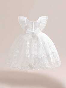 Young Girls Beaded Embroidered Mesh Cap Sleeve Elegant Flower Girl Wedding Princess Dress, Suitable For Birthday, Prom, Vacation, Party, Does Not Include Headband - White - View 4