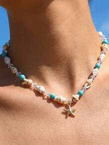 1pc Bohemian Starfish & Seashell Beaded Necklace - Blue - View 6
