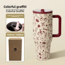 HYDROJUG32OZ&40OZ Straw Cup Large Capacity Car Insulated Cup Office Water Cup Men And Women High-Looking 2026 New Exclusive Style Coffee Plaid - Colorful Graffiti - 查看 2