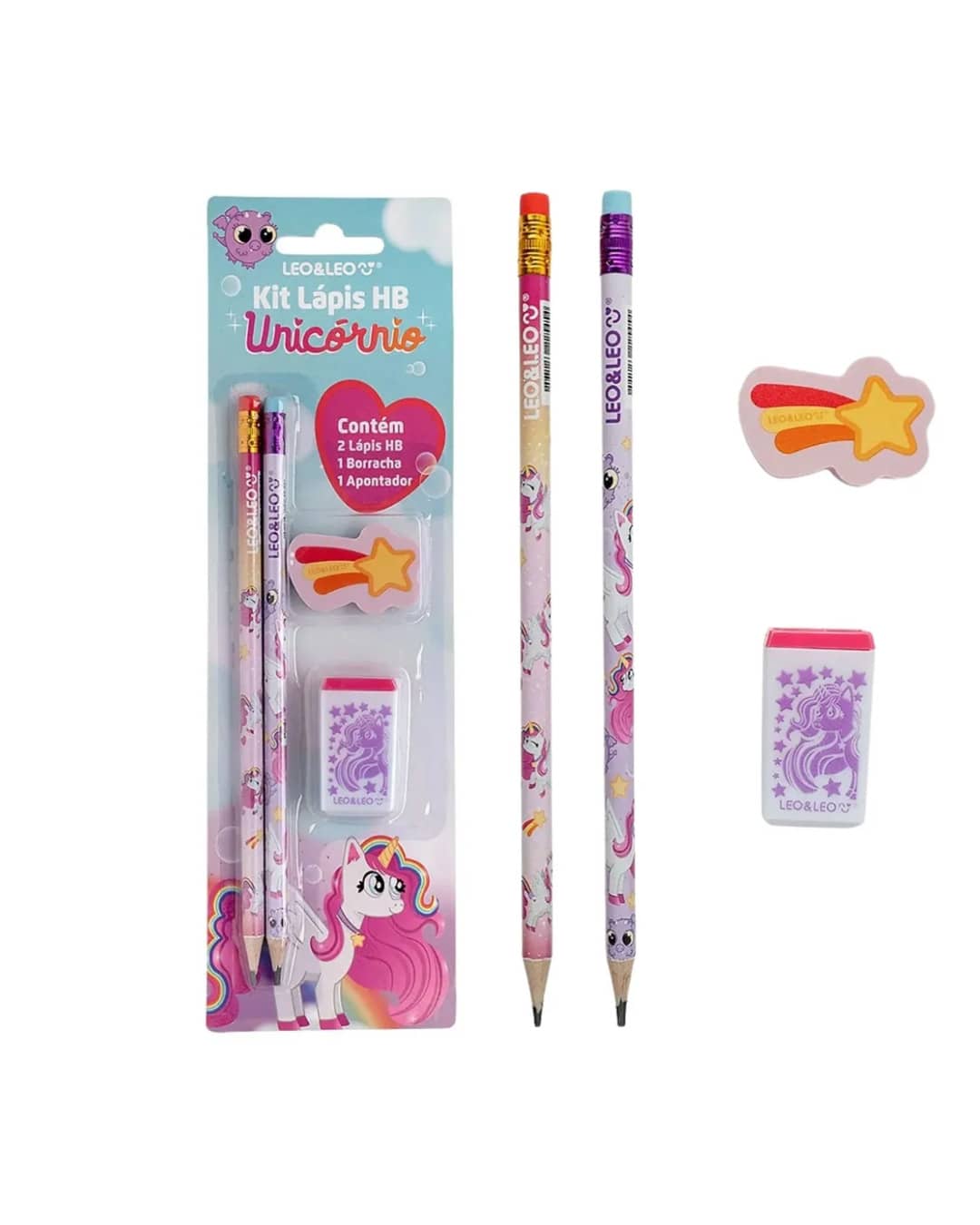 Kit Escolar Unicórnio 4 Peças - LEO E LEO - BLISTER - 2 lápis, borracha e apontador - Kit - Visão 1