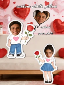 1pc Customized Photo Throw Pillow, Personalized Cushion, Can Customize Interesting Patterns, Double-Sided 3D Pillow, Suitable For Parents/Family/Her/Him/Girlfriend/Boyfriend Gift, Couple Birthday Gift - Men In Heart-shaped T-shirts - View 3