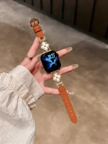 New Genuine Leather Watch Band Compatible With Apple Watch Series 10/8/9/7/6/5/4/3/2/1, Also Compatible With Apple Watch Ultra 40mm 44mm 41mm 45mm 49mm 42mm 38mm, Fashionable Bracelet Accessory For Women. Comfortable To Wear On The Wrist Without Feeling Stuffy. - Brown Gold Lychee Pattern - View 7