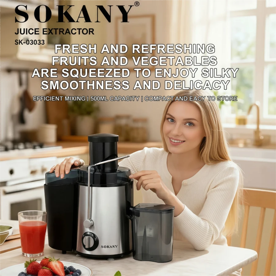 SOKANY 03033 Mélangeur multifonction en acier inoxydable, moteur haute puissance de 800 W, grande capacité de 500 ml, alimentation de fruits entiers sans découpe, rendement en jus de 99%, conception sans filtre, convient pour un usage domestique et commercial - Prise de type UE C (220-240 V) - Voir 1