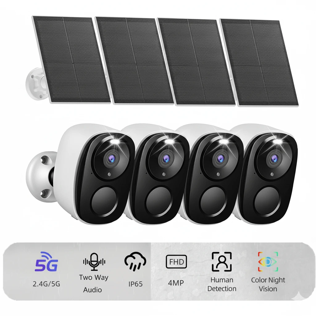 SANSCO Solar Powered Security Cameras Wireless Outdoor, 4pcs Solar Powered 3K 4MP Surveillance 2.4GHz & 5Ghz WiFi Cameras For Home Security Outside, PIR/AI Motion Detection, IP65 Waterproof, Color Night Vision, 2-Way Audio, White - White - View 1