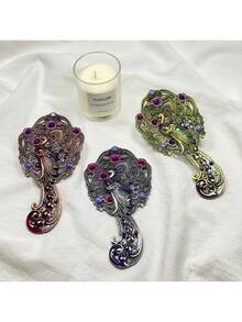 1 Set Chinese Retro Style Makeup Mirror & Comb Set, Portable, Peacock Handle Mirror, Luxurious Vintage Style, Metal Handle Makeup Mirror, Peacock Embossed Design, Handheld, Birthday/Valentine's Day/Mother's Day Gift, European/French Style - Multicolor - View 1