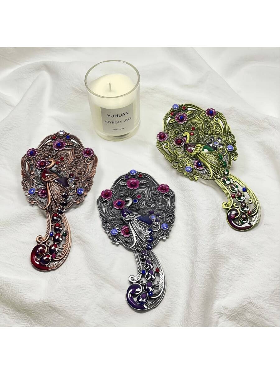 1 Set Chinese Retro Style Makeup Mirror & Comb Set, Portable, Peacock Handle Mirror, Luxurious Vintage Style, Metal Handle Makeup Mirror, Peacock Embossed Design, Handheld, Birthday/Valentine's Day/Mother's Day Gift, European/French Style - Multicolor - View 1