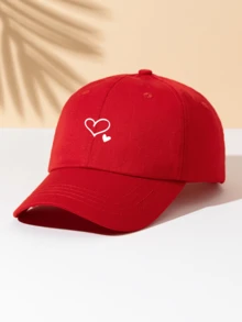 1pc White Baseball Cap With 2 Heart Designs, Unisex Outdoor Sun Hat, Essential Item - Red - View 2