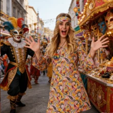 Disfraz de hippie: atuendo de carnaval, incluye cintas y vestido, adecuado para fiestas, carnavales, cosplay y otras celebraciones. - S - Ver 5