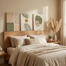 3件套波西米亚热带风情帆布墙画 – 抽象树叶与几何图案，现代风格，适用于客厅、卧室和办公室，可选配画框 - 彩色 - 查看 9