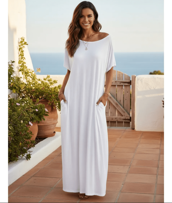 Vestido longo feminino gola caida  Casual    Bolso    vestido  Formal e Noturno