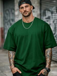 Men's Oversized Plain Streetwear T-Shirt, 100% Cotton - xanh quân đội - Xem 2
