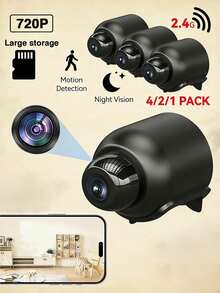 GENAI 1/2/4pcs Wireless Security Camera, Indoor Home Monitoring Mini WIFI Camera With Night Vision And Motion Detection For Remote Viewing - 黑色 - 查看 1