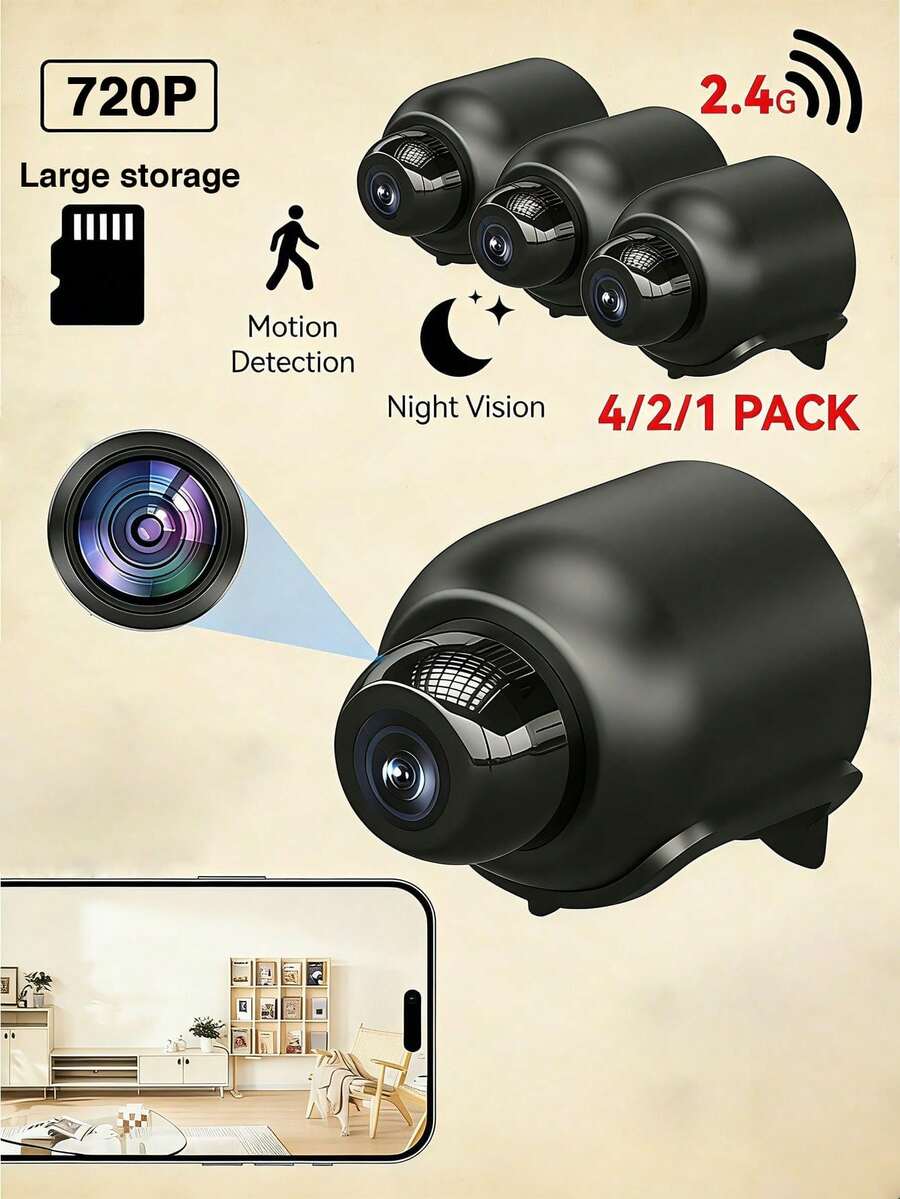 GENAI 1/2/4pcs Wireless Security Camera, Indoor Home Monitoring Mini WIFI Camera With Night Vision And Motion Detection For Remote Viewing - 黑色 - 查看 1