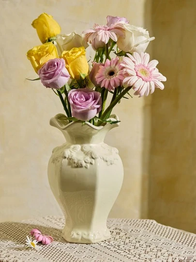 Cirelle 1个复古风格浮雕陶瓷花瓶，圆形玫瑰花图案，桌面花盆，客厅卧室办公室户外婚礼餐桌中心装饰花瓶，家居装饰，母亲节礼物