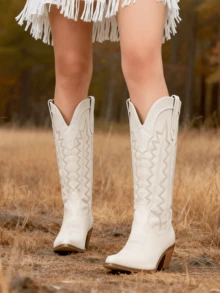 Womens Jaripeo White Cowboy Boots Women Comfortable Retro Pull On Pointed Toe Wide Calf Long Tall Block Chunky Heel Embroidered Boots Country Concert Festival Shoes - 白色 - 查看 2
