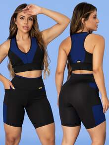 Kit Of 3: Women's Fitness Set - Top, Shorts, Pocket Tank Top, Dry Fit, Gym - Tarelles - Màu xanh hải quân - Xem 4