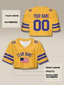 Áo croptop bóng đá màu vàng tùy chỉnh cho nữ, in hình thành phố theo phong cách đường phố, tên và số tùy chỉnh, giao hàng nhanh, thiết kế trễ vai. - Màu vàng - Xem 2