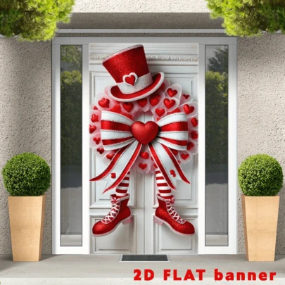 2D Door Banner 1pc, 2D Door Bannervalentine'S Day Butterfly Wreath Door Cover Flag - Durable Polyester Fiber, Suitable For Outdoor Parties And Garden Decoration, Easy To Hang, No Power Required, Perfect For Indoor And Outdoor Decoration